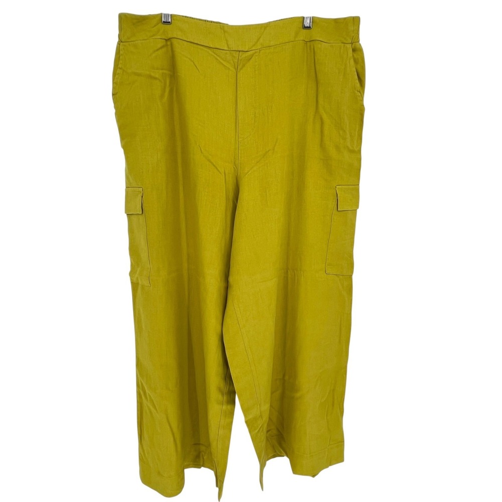 Jessica Simpson Cargo Pants Womens XL Yellow Chartreuse Linen Blend Wide Leg New